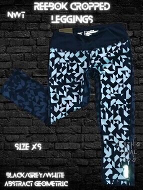 Reebok Black Grey back White front Abstract Geometric Leggings XS Roller Derby